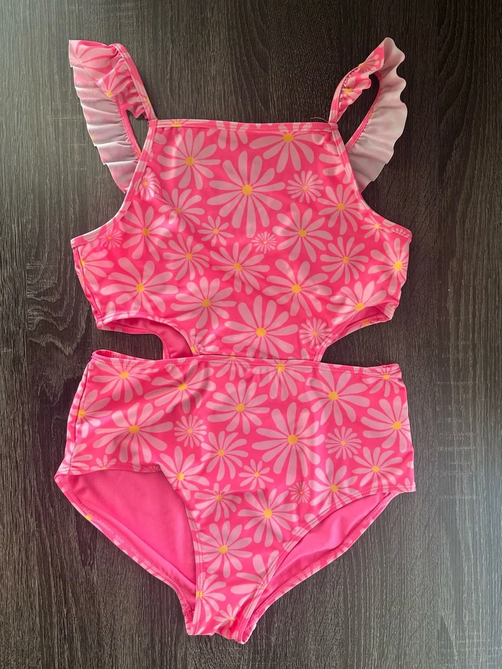 Wonder Nation Girls One Piece Swimsuit XL 14-16 Pink Floral Cutout Ruffle Straps